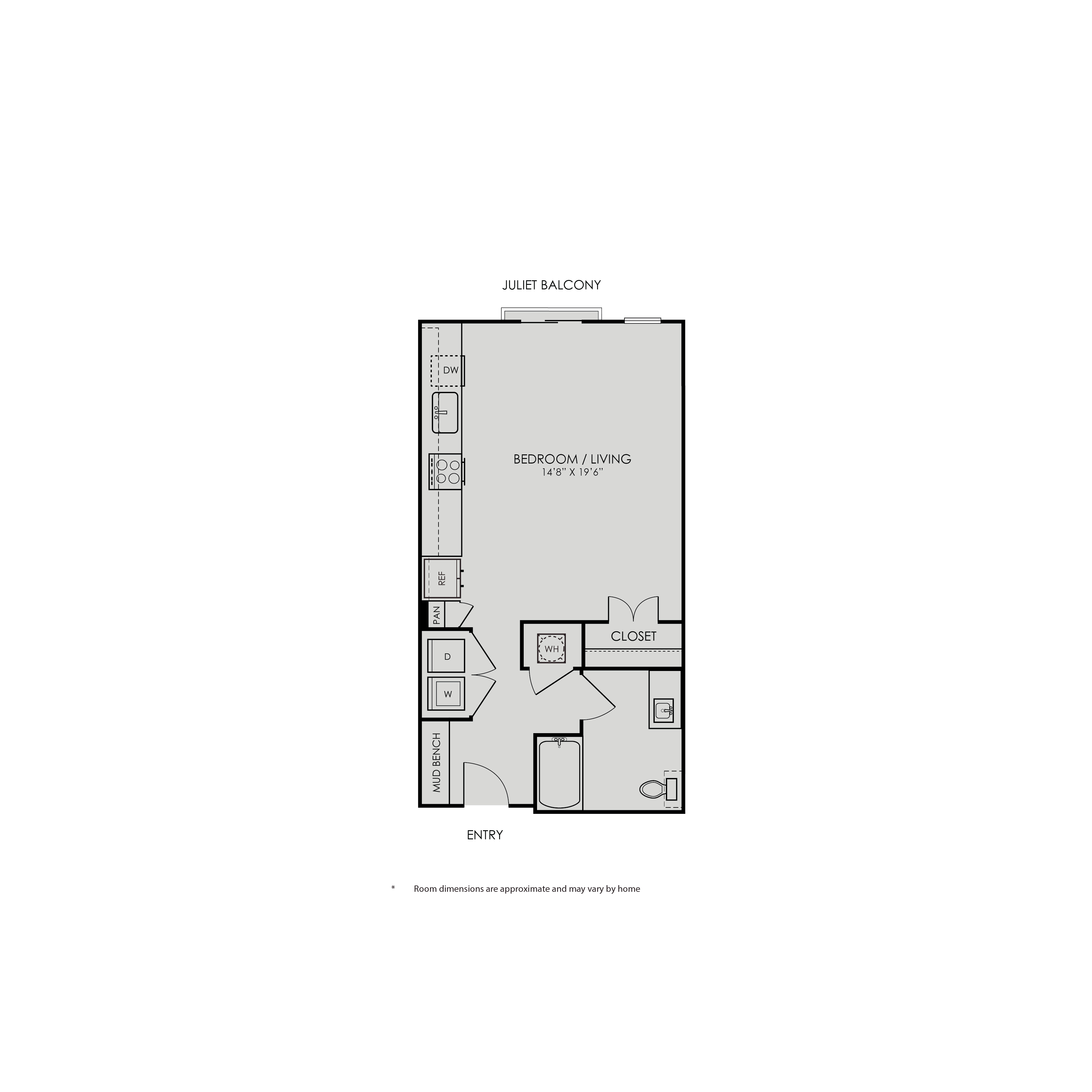 Floor plan for studio, 1 bath, 590 sqft